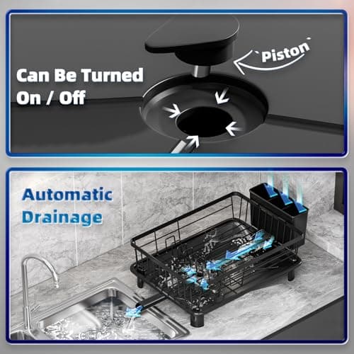 Dish Drying Rack, Stainless Steel-Dish Rack, Dish Racks for Kitchen Counter, Kitchen Dish Drainers with Removable Utensil Holder,New drain outlet,Plate Rack and Drainboard,(Black-11" W x 15" L) 9