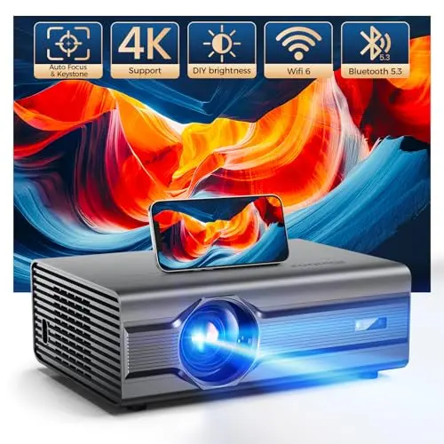 [Auto Focus] 4K Projector with WiFi6 and Bluetooth 5.2, 700ANSI Native 1080P Outside Outdoor Video Gaming Projectors Smart Home Movie Proyector Support Auto 6D Keystone for iOS/Android/TV Stick, Grey