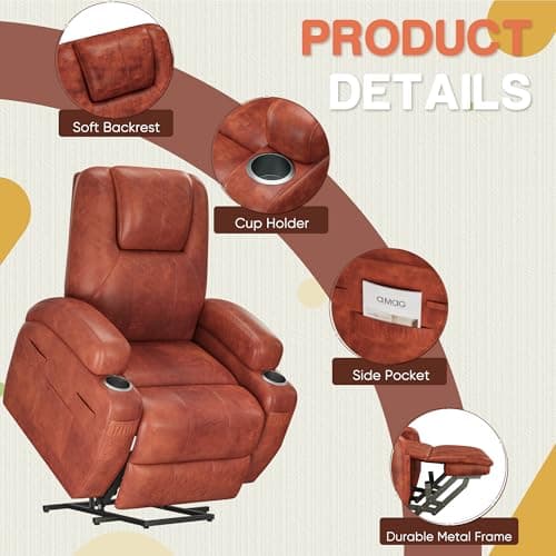 Furmax Electric Power Lift Recliner Chair with Massage for Elderly Corduroy Fabric Recliner Single Sofa with Cup Holders, Side Pockets and Remote Control for Living Room Bedroom (Leathaire, Brown) 5