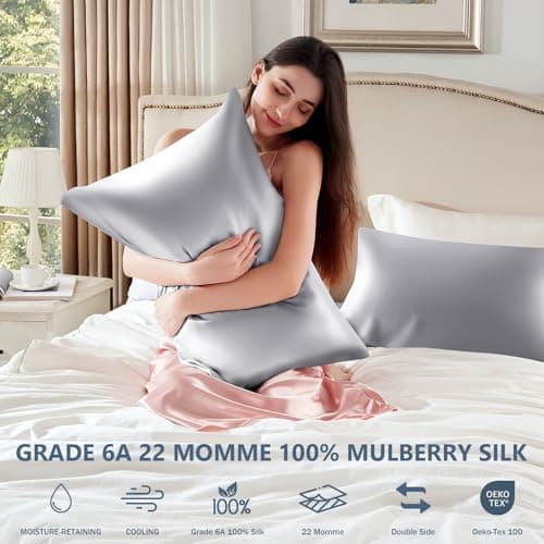 BYTB Silk Pillow Cases Queen Size 100% Mulberry Silk Pillowcase for Hair and Skin 22 Momme Both Side Grade 6A Silk Cooling Soft Breathable 20 x 30 Inches with Hidden Zipper 1PC, Grey 6