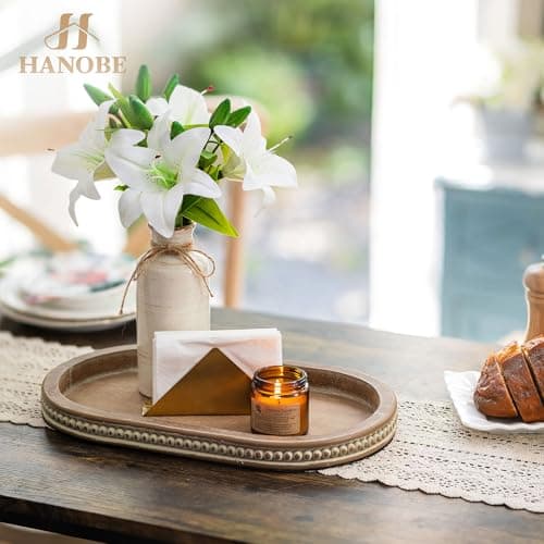Hanobe Decorative Serving Tray Wood: Brown Bead Oval for Coffee Table Rustic Wooden Trays Decor Farmhouse Kitchen Counter Vintage Centerpiece Living Room Home Organizer, 15.15''x9.25''x1.18'' 7