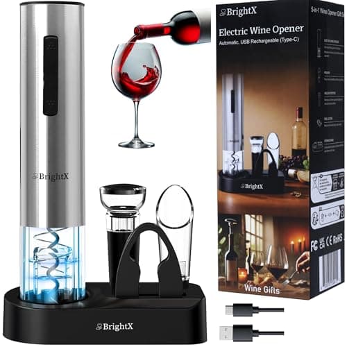 BRIGHTX Premium Electric Wine Bottle Opener Gift Set – Rechargeable Cork Screw with Foil Cutter & Charging Base – Automatic Cork Remover, Wine Accessories Kit | Best Wine Gifts for Wine Lovers, Women