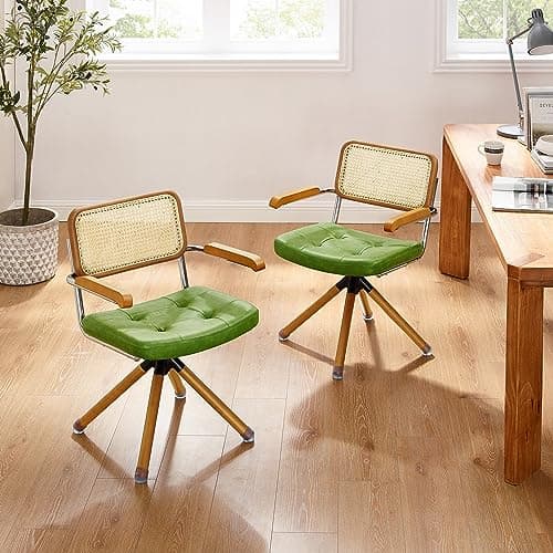 Art Leon Mid Century Office Chair - Faux Leather Upholstered Rattan Desk Chair, Vintage Swivel Accent Chair with Wood Legs, Green 6