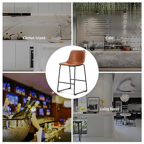 Sweetcrispy Counter Height Bar Stools Set of 2, 26 inch Height Stool Faux Leather Barstools with Back, Armless Kitchen Island Countertop Comfortable Modern Chairs with Metal Legs - Whiskey Brown 7