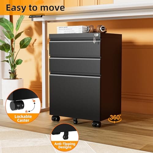 INTERGREAT 3 Drawer File Cabinet, Metal Filling Cabinets with Lock, Locking Office Mobile Cabinet with Wheels for Legal/Letter Size, Under Desk, Assembled, Black 6