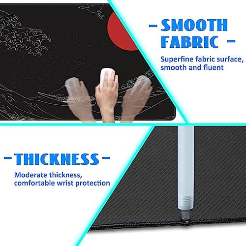 Desk Mat, Black Japanese Style Wave and Red Sun Extended Gaming Mouse Pad Large, 31.5"x11.8" Big Mouse Pad with Non-Slip Base and Stitched Edge, Long Computer Keyboard Mouse Mat for Home Office Work 5