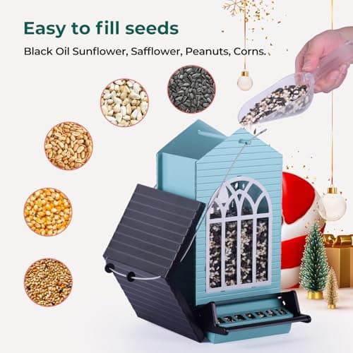 Squirrel-Proof Bird Feeder for Outdoor Hanging, Metal Bird Seed Feeder with Bilateral Weight-Activated Perches, 5LB Large Capacity, ldeal for Wild Birds Gift, Easy Refill & Clean, Blue 5