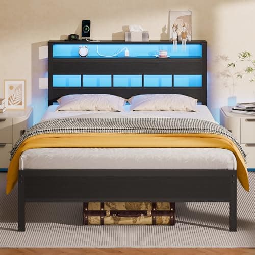 Furnulem Full Size Bed Frame with LED Light and Charging Station, Wood Storage Headboard with 2-Tier Shelves, Metal Platform Bed with Heavy Duty Slats Support, No Box Spring Needed, Black Oak