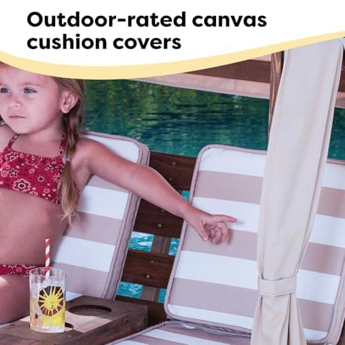 KidKraft Wooden Outdoor Double Chaise Lounge with Cup Holders, Patio Furniture for Kids or Pets, Espresso with Oatmeal and White Striped Fabric 8