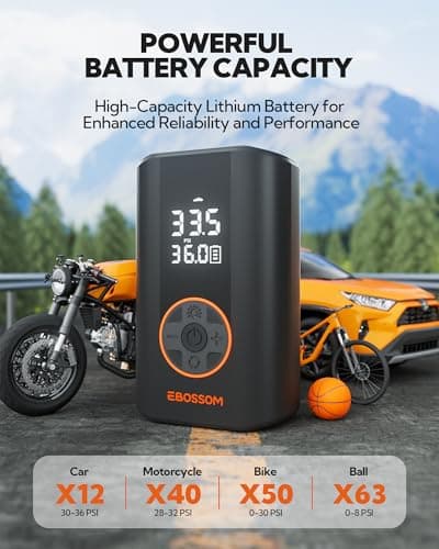 EBOSSOM Tire Inflator Portable Air Compressor, 150 PSI Portable Air Pump for Cars-Mini Cordless Bike Pump with Pressure Gauge,Electric Tire Inflator with LED Light for Car Motorcycle Bikes Balls 5