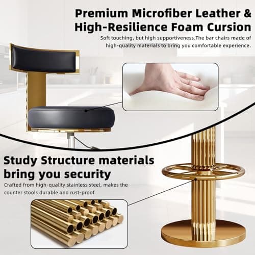 Bar Chair,Bar Stools, Island Height Bar Stools with Gold Stainless Steel Frame, Adjustable Height Swivel Barstools, Comfortable Leather Seat Cushion for Kitchen Counter, Islands Counter, Bars (Black) 5