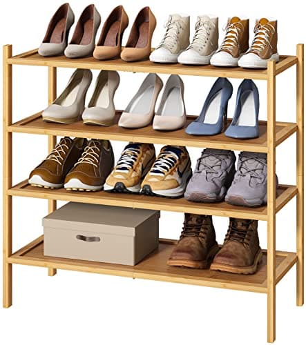 kiplant 4-Tier Shoe Rack for Entryway, Bamboo Wood Shoe Rack 4-Tier, Stackable Shoe Organizer for Closet, Free Standing Shoe Racks for Indoor & Outdoor