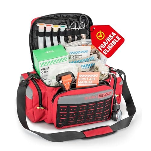 RHINO RESCUE First Responder First Aid Kit Fully-Stocked EMT Bag, Professional EMT/EMS Trauma Medical Kit, Molle System & Reflective Stripe, 300+ First Aid Supplies, Suits for Business, Home (Red)