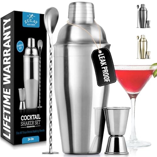 Zulay Kitchen 24oz Stainless Steel Cocktail Shaker Set – Professional Martini & Margarita Shaker with Built-in Strainer, Double-Sided Jigger, Muddler & Mixing Spoon – Bartender Kit for Mixed Drinks
