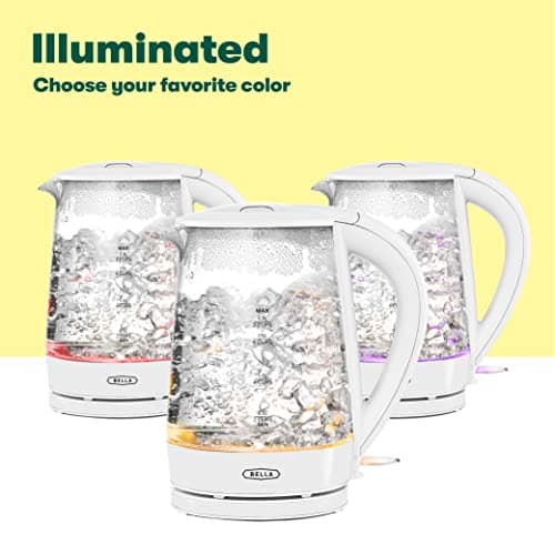 BELLA 1.7 Liter Glass Electric Kettle, Quickly Boil 7 Cups of Water in 6-7 Minutes, Soft Orange LED Lights Illuminate While Boiling, Cordless Portable Water Heater, Carefree Auto Shut-Off, White 6
