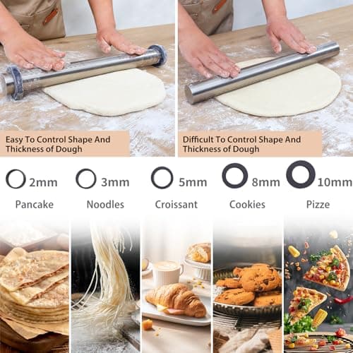 Adjustable Rolling Pin with Thickness Rings for Baking -Non Stick Stainless Steel Dough Roller Pin with Bands for Cookie,Wood,Wooden and Bread (Grey, 15.8 '') 5