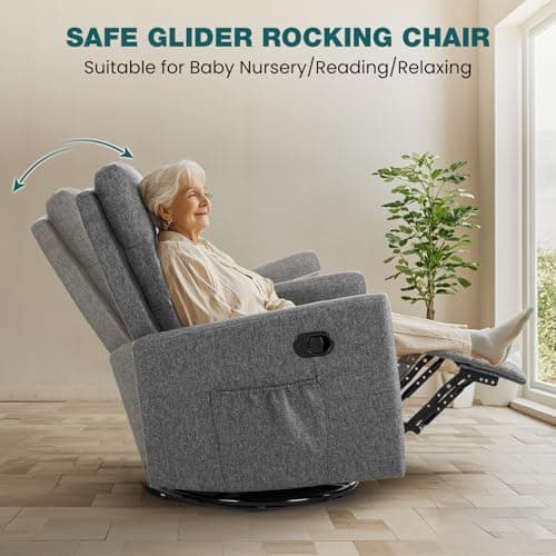 Smug Swivel Rocking Recliner Chair with Extra Large Footrest High Back, Upholstered Glider Nursery Chair for Living Room, Bedroom & Nursery, Comfortable Deep Seat for Relaxation, Grey 6