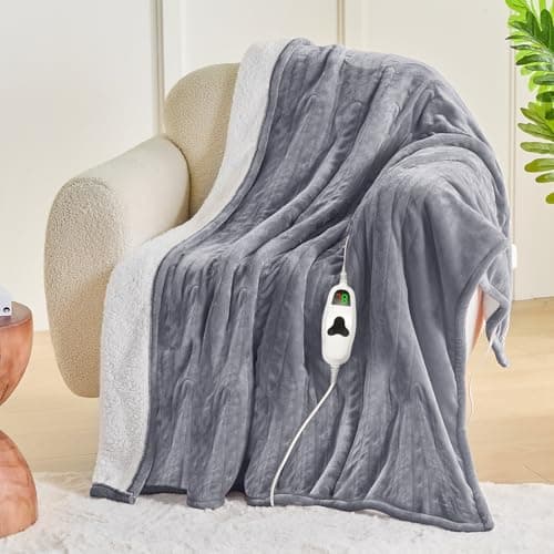 greenoak Heated Blanket Electric Throw 50"X60", Heating Blanket with 10 Heat Levels 1/2/4/6/8 Hours Auto-Off,Fleece Soft Sherpa Blanket,Gifts for Grandma Mom Seniors, Misty Grey 7