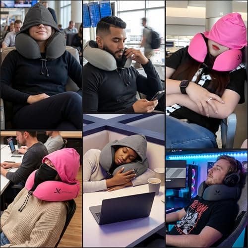 JETTY COMFY Premium Memory Foam Travel Neck Pillow with Hood and Face Cover for Privacy - Ergonomic Design for Sleeping on Plane, Bus, Train, Office (Gray) 8