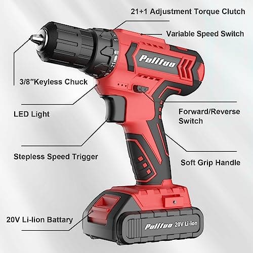 PULITUO Cordless Drill Set, 20V Electric Power Drill with Battery And Charger, 30N.m and 21+1 Torque, 2 Variable Speeds, with 59pcs Drill Driver Bits Kit, Screws Set，(Red) 8