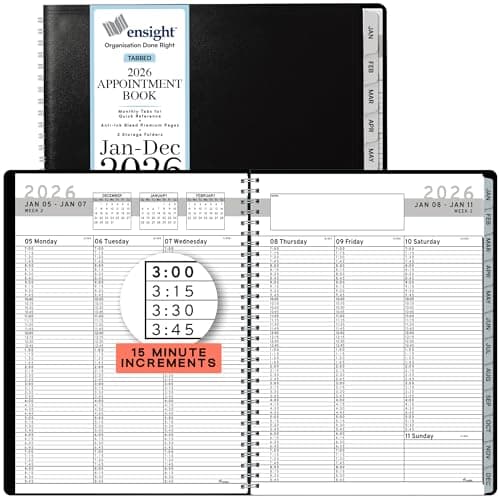 Ensight 2026 Appointment Book and Planner 8.5" x 11" Large Hourly Weekly Daily Schedule Book with Tabs, 15 Minute Time Slots, Black Calendar Organizer Jan 2026–Dec 2026 Appointment Planner - Black