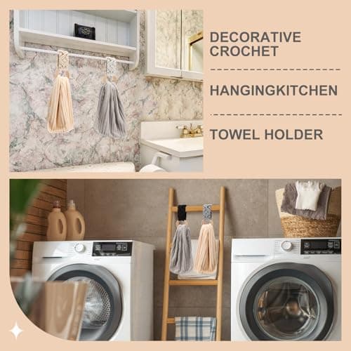 Tioncy 4 Pcs Kitchen Dish Towel Holder Mother's Day Gifts Boho Handmade Crochet Hanging Towels Loop Ring Knit Towel Hanger for Cabinet House Oven Stove Door, 4 Colors(Gray) 6