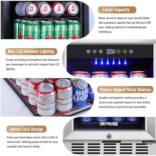 ORYMUSE 15'' Beverage Refrigerator - 130 Can Under Counter Fridge with Lock & Glass Door, Quiet Beer Fridge, Built-in or Freestanding, Powerful Cooling Compressor 6