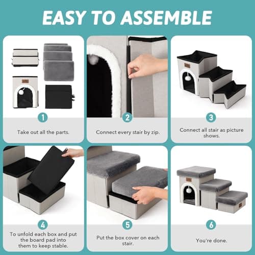 COZY KISS Dog Stairs for Small Dogs with Storage and Condo, 14" H Foldable Pet Stairs for Small Medium or Puppy Dogs and Older Cats, Dog Steps for Bed or Couch, 13x27x14 inch, 3 Tiers, Grey 7