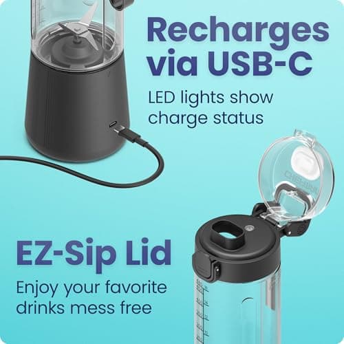 Chefman Cordless Portable Blender for Smoothies and Shakes, BPA-Free 16 oz Blending Jar w/Stainless-Steel Blades, USB-C Rechargeable with Color-Changing LEDs, Dishwasher-Safe Accessories - Black 6