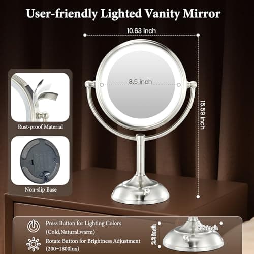 Professional 8.5" Large Lighted Makeup Mirror with Brighter Lights, 1X/10X True HD Magnifying Mirror with 3 Color Dimmable Lights, 90 Shadowless LEDs, 360°Swivel Seamless Vanity Mirror, Pearl Nickel 6