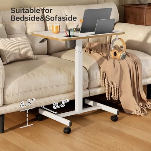 Liftsync Mobile Standing Desk, Rolling Laptop Cart Adjustable Height with Cup Holder, 28 inch Portable Table with 4 Lockable Wheels, White Computer Workstation with Hook and Slots for Home Office 7