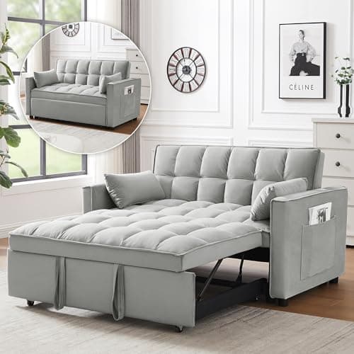 Wakefit 3 in 1 Convertible Sleeper Sofa Bed, Futon Couches for Living Room with Side Pocket | Adjustable Backrest | Velvet Fabric | Pull Out Couch | Small Loveseat | Sectional Sofa Bed(Grey)