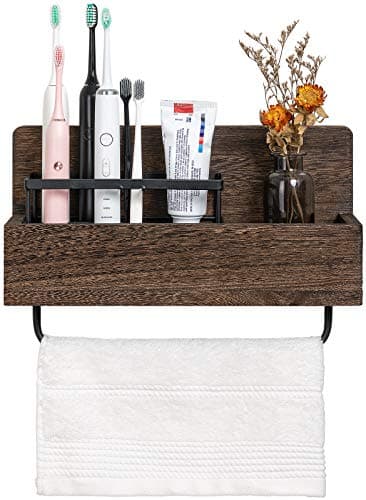 Dahey Wall Mounted Toothbrush Holder Wooden Electric Toothbrush Organizer Multifunctional Stand Towel Rack Toothpaste Dispensers Rustic Farmhouse Bathroom Decor