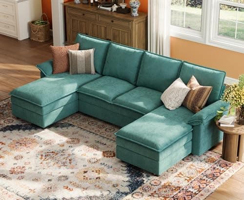 LINSY HOME U Shaped Couch Sectional Sofa, 115" Modular Couches with Double Chaise Lounge, Chenille 4 Seater Sofa Set for Living Room, Apartment, Office, Green
