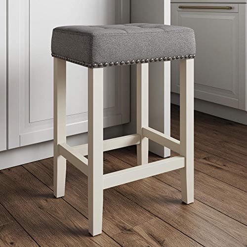 Nathan James Hylie Nailhead Wood Pub-Height Kitchen Counter Bar Stool 24", Tufted Gray/White