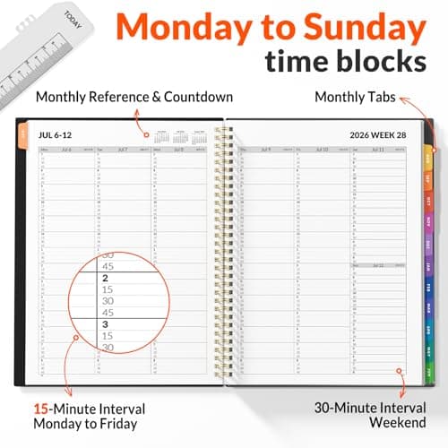 SUNEE 2026-2027 Appointment Book, Quarter-Hourly, Weekly & Monthly - from July 2026 to June 2027, 8.5"x11" Academic Planner, Flexible Cover, Note Pages, Bookmark, Spiral Binding, Black 2