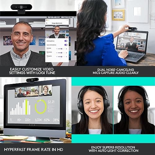 Logitech Brio Ultra 4K HD Pro Webcam for PC & Laptop, for Video Meating & Gaming with Noise-Canceling Microphone, Camera Lens Cover, Pouch + PremGear Flexible Tripod, Cord Organizer Ties & Cloth 5