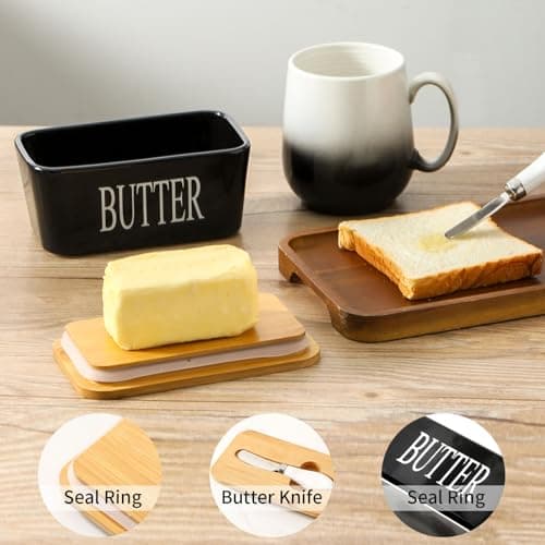 Hasense Butter Dish with Lid, Ceramic Butter Dish with Knife for Countertop, Airtight Covered Butter Keeper Container, Large Black Butter Holder for Refrigerator,Black 5
