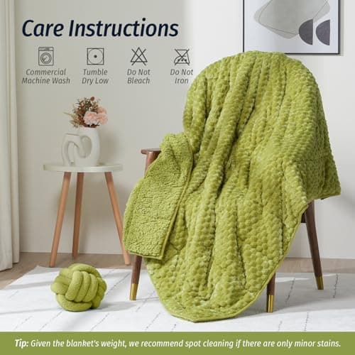 Wemore Fleece Weighted Blanket for Adults (60" x 80" 15lbs, Grass Green), Dual Sided Cozy Soft Sherpa Heavy Blanket, 3D Imitation Turtle Shell Warm Jacquard Flannel Weighted Blankets for Couch and Bed 7