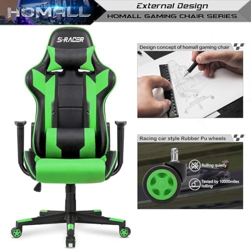 Homall Gaming Chair, Office Chair High Back Computer Chair Leather Desk Chair Racing Executive Ergonomic Adjustable Swivel Task Chair with Headrest and Lumbar Support (Green) 6