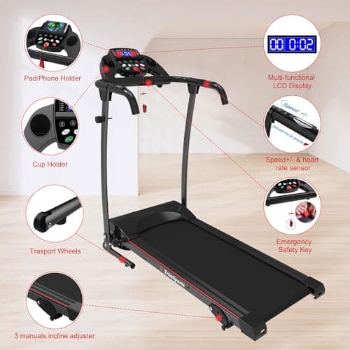 MonSports Portable Foldable Treadmill with Incline for Running and Walking, Treadmill with LCD Monitor, Fitness Exercise Machine for Home & Office, 220 lbs Weight Capacity(Black) 5
