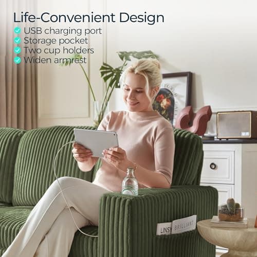 LINSY HOME Sectional Sleeper Sofa with Storage Chaise & USB Charging, Convertible Pull Out Couch Bed Plush Corduroy Modular Sectional Couches for Living Room Apartment (Green) 7
