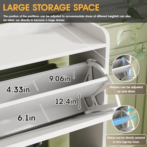 Maupvit Shoe Cabinet with 2 Flip Drawers, Freestanding Shoe Cabinet Organizer with Metal Legs, Shoes Storage Cabinet for Entryway, Narrow Shoe Rack Cabinet, White 6