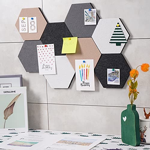 Afumazi 8Pcs Hexagon Felt Cork Board Tiles Self Adhesive Bulletin Board, Pin Board for Wall Decor Memos Photos Display (Set C) 6
