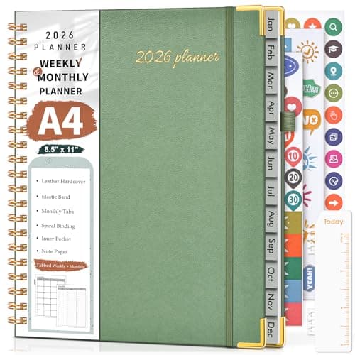 2026 Planner, Weekly and Monthly Calendar Planner from January 2026 - December 2026, 8.5" x 11" Hardcover Leather Hourly Appointment Book with Tabs, Spiral Daily Planners for School Work Home, Green