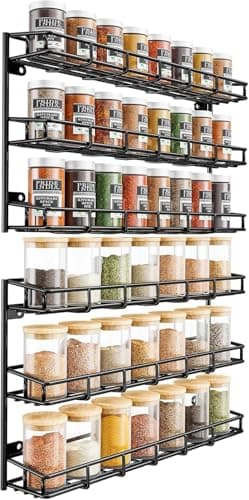SUFAUY Wall Mounted Spice Rack, 6 Tier Heavy-Duty Metal Shelf for Kitchen Pantry, Black