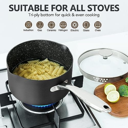 MICHELANGELO Hard Anodized Saucepan Set with Lids, Nonstick Saucepan with Pour Spouts & Strainer Lid for Easy Pour, Granite Derived Coating Sauce Pot Set - 1.5QT & 2QT &3QT Induction Sauce Pans 5