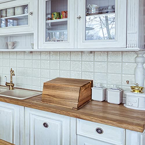 KITEISCAT Acacia Wooden Bread Box, All In One Piece Organizer For Kitchen Countertop, Assembly Free Large Capacity Natural Vintage Bread Food Storage Bin Container15.7 x 10 x 7 Inches 5