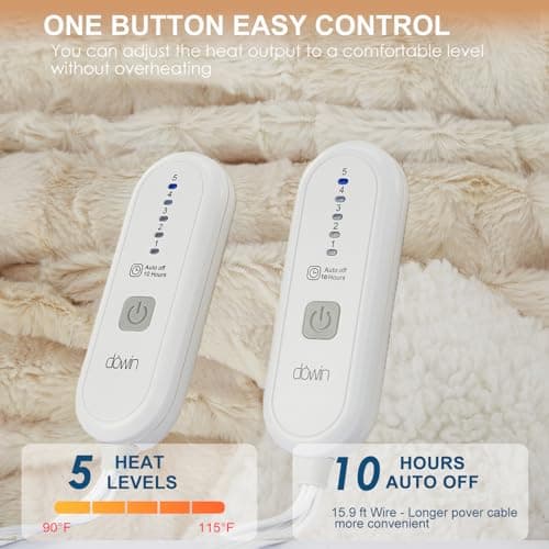 Dowin Electric Blanket King Size, Faux Fur & Sherpa Heated Blankets 100"x 90",Large Dual Controllers Warm Heating Blanket, 5 Heating Levels &10Hrs Auto Off, Over-Heat Protect (Beige) 6