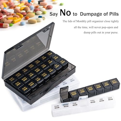 Monthly Pill Organizer, 28 Day Pill Box 1 Time a Day with Dust-Proof Case, Large 4 Weeks a Month Pill Case Container, Daily Vitamin Case Box for Pills/Medicine/Fish Oil/Supplements（Black） 6